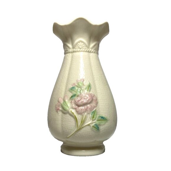 Belleek Ireland Porcelain Vase Raised Floral Design Irish Fine Parian China EUC - Picture 11 of 11